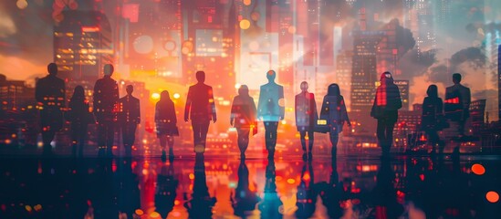 A double exposure of silhouettes representing diverse business people standing together, symbolizing collaboration and diversity in the corporate world., blurred background with cityscape 