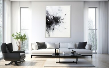 Living room interior design. Minimalistic style art studio space mockup. Huge white framed blank art canvas on large wall in minimal room. Soft day light. Gallery, exhibition, exposure. AI Generative.