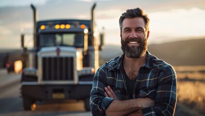 A handsome bearded truck driver standing in front of his modern black semitruck, smiling at the camera with arms crossed.  - obrazy, fototapety, plakaty