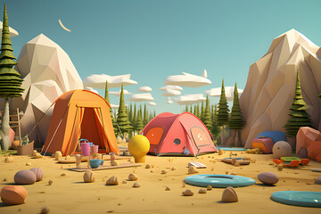 Cartoon camping: tents and camping equipment in the mountains, generated by AI. 3D illustration