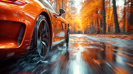 back rear wheel of fast moving car with motion blur on wet slippery asphalt close-up. Luxury sports...