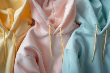 Pastel colored hoodies, light yellow, baby pink and pale green, close up product.