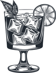 Cocktail in a glass with ice, mint and a slice of lime,  vector illustration