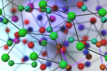 Molecules of modern compounds, neural network diagram abstraction, 3D rendering