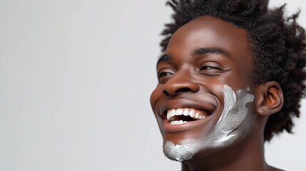 Portrait of a African man his cheeks covered in cream, smiles while covering his eyes during a skincare routine against clean background with space for text, Generative AI. - obrazy, fototapety, plakaty