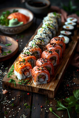 Wooden cutting board with assorted sushi rolls including California rolls