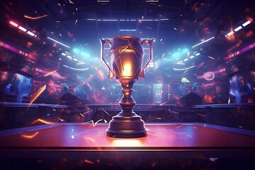 Close-up of a purple neon trophy as an award at an esports event,  generated by AI. 3D illustration - obrazy, fototapety, plakaty