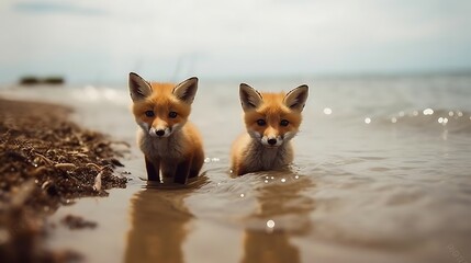 fox on the beach - obrazy, fototapety, plakaty