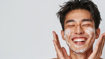Portrait of a Asian man his cheeks covered in cream, smiles while covering his eyes during a skincare routine against clean background with space for text, Generative AI. - obrazy, fototapety, plakaty