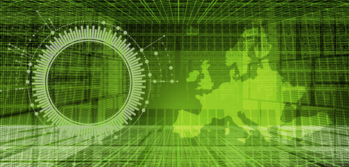 Grüne Futuristische abstrakte Raum Darstellung - Simulation Cyberspace - Industrie Europa - Ebenen mit Sektoren - Analyse digitale Daten