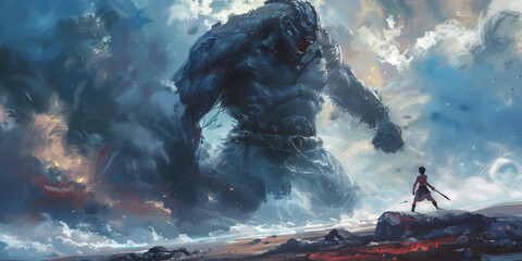 Nephilim giant Goliath and David conceptual bible story illustration - obrazy, fototapety, plakaty