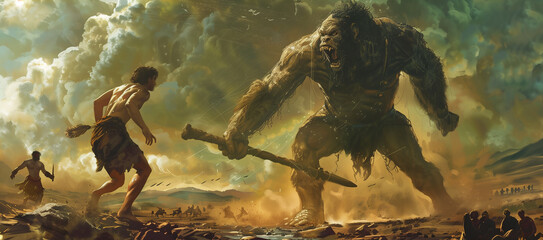 Nephilim giant Goliath and David conceptual bible story illustration