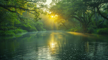 a large river flows through an old forest