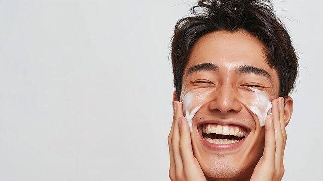 Portrait of a Asian man his cheeks covered in cream, smiles while covering his eyes during a skincare routine against clean background with space for text, Generative AI.