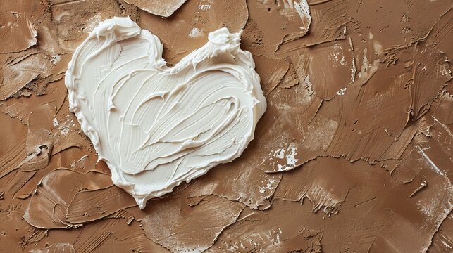 Deep-cleansing white skincare mud mask in a heart shape on an earthy brown background