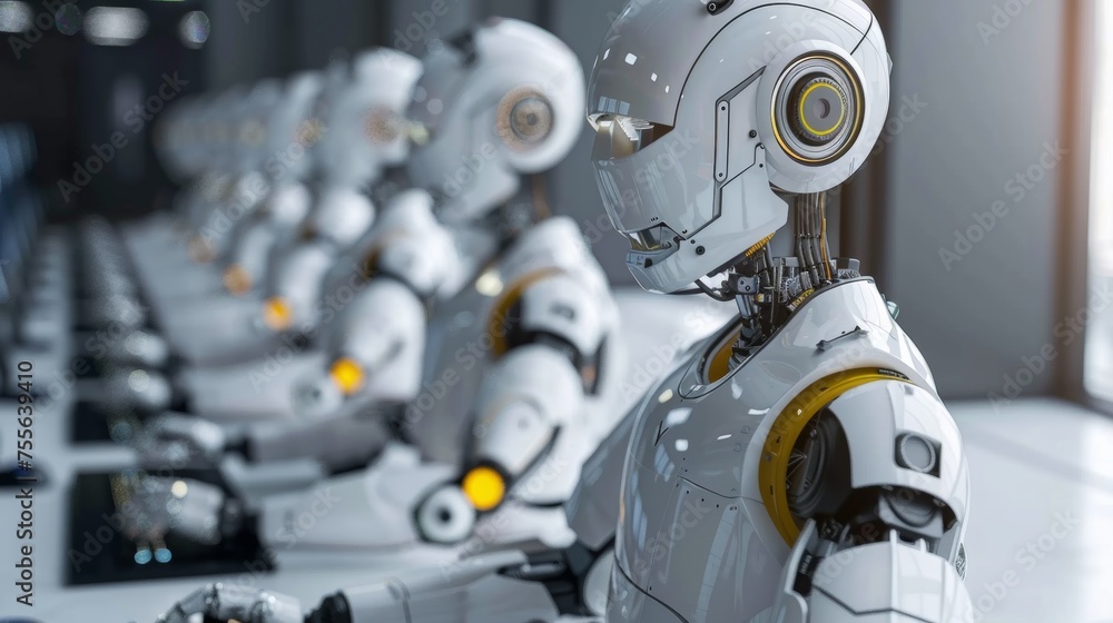 Aufkleber a row of robots sitting at a desk with their hands on the keyboard, ai