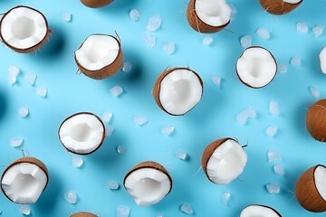 Broken slices of coconuts arranged against blue background ,  generated by AI. 3D illustration