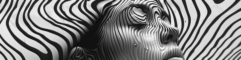 A woman's face is distorted by a zebra patterned background, AI