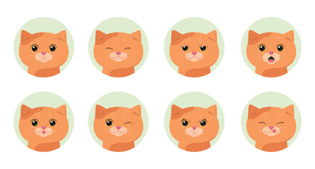 Set of cartoon ginger tabby cats with different emotions. Emotional cat. Vector illustration