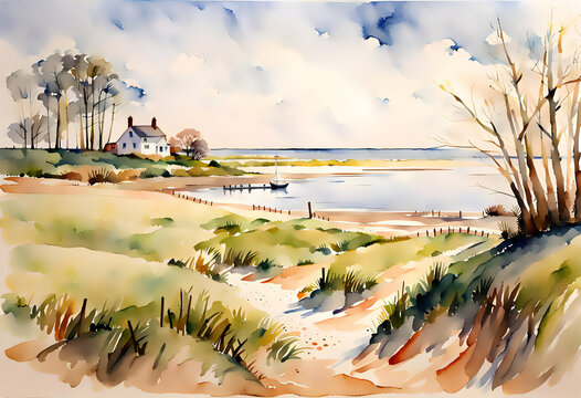 watercolor painting of a coastal bay landscape with a patch between dunes and grass leading to the sea and a white house in the distance