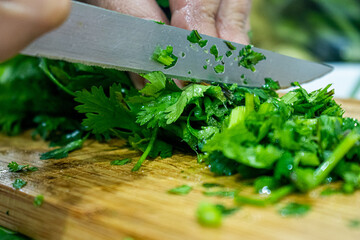 hands chopping cilantro and parsley on wooden board with knife