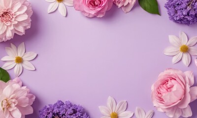 Flatlay romantic flowers pink and purple color with space for text at purple background. Birthday, Happy Women's Day, Mother's Day concept.