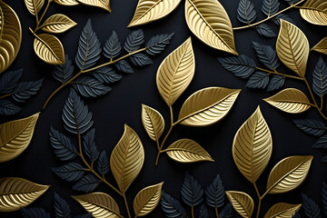Black and gold leave  patterns in paper style on a black background. Generative Ai