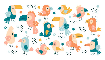 Charming exotic birds, childish colorful parrots, toucans jungle inhabitant set vector illustration
