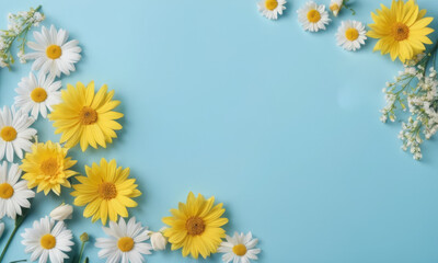 Flatlay Romantic spring flowers yellow and white color with space for text at blue background.Valentine's Day, Easter, Birthday, Happy Women's Day, Mother's Day concept.