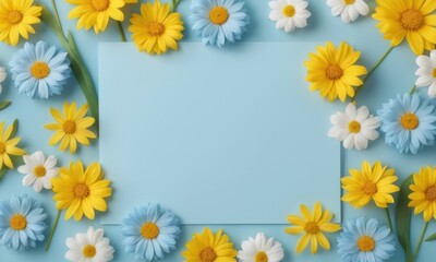 Flatlay Romantic spring flowers blue and yellow color with space for text at blue background.Valentine's Day, Easter, Birthday, Happy Women's Day, Mother's Day concept.