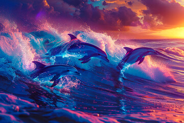 Dolphins leaping from glowing bioluminescent waves under a neon sunset blending the thrill of surfing with magical aquatic life - obrazy, fototapety, plakaty