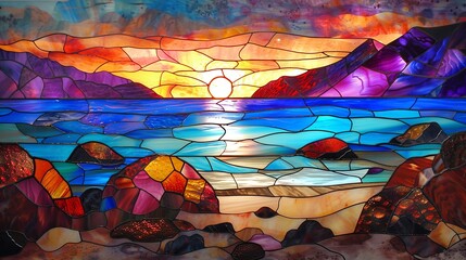 stained glass window sunset with beach