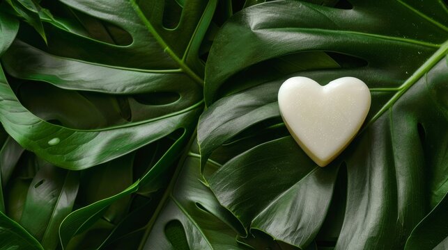 Eco-friendly white skincare product in a heart shape on a natural green leaf background