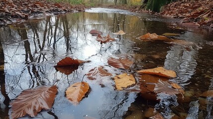 Fallen leaves floating on a reflective pond.