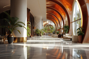 Interior architecture of hotel lobby features large window with modern curved design Generative AI