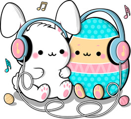 Cute bunny and big egg illustration with headphones listening to music, Best friends clipart - 755640221