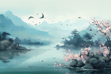 Peaceful scene under peach and cherry blossom trees in spring