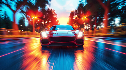 luxury red sports car drives fast on road in evening. Motion blur