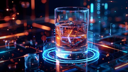 Digital Whiskey Glass on Tech Background, Perfect for Modern Lifestyle Themes