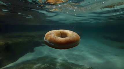 Bagel Floating in Crystal Clear Water, Unique for Food and Nature Concepts