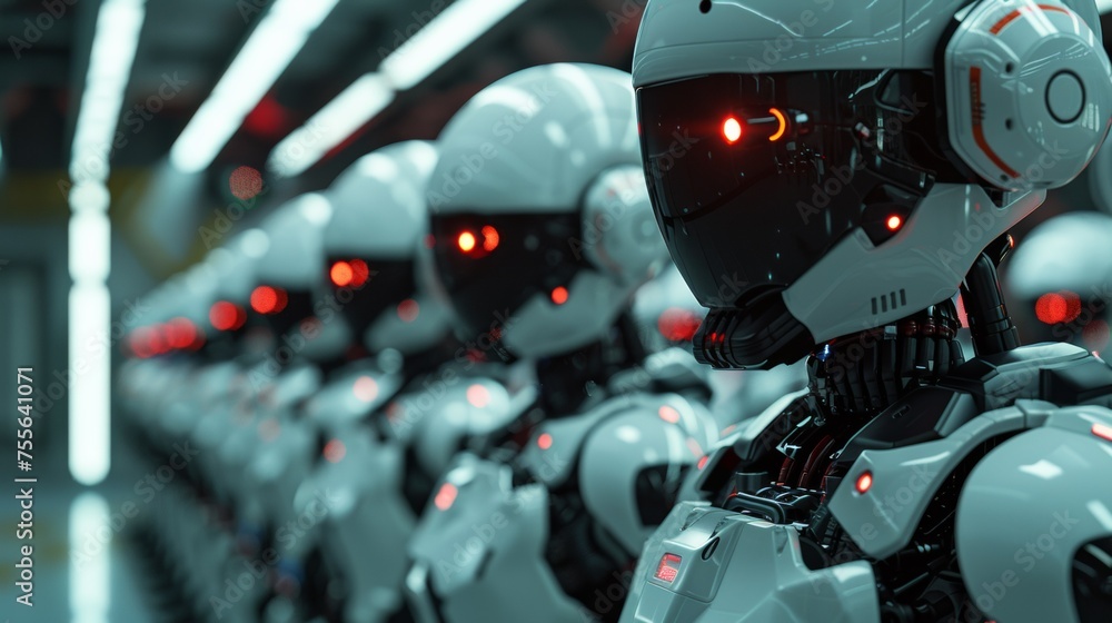 Poster a row of robots lined up in a line with glowing red eyes, ai