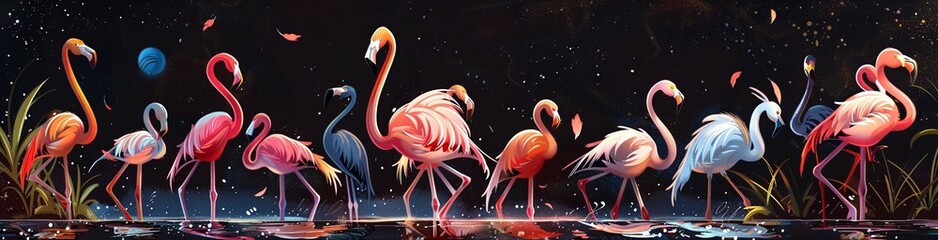 Neo-classic caricatures of Kenyan flamingos in anime style, rendered in high contrast, hinting at astrological forecasts - obrazy, fototapety, plakaty