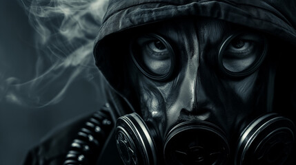 Person in gas mask with smoke.
