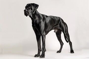 a black dog standing on a white background - obrazy, fototapety, plakaty