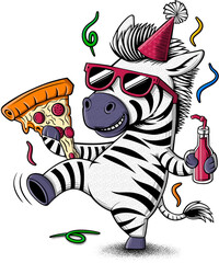 Zebra illustration in a party hat and sunglasses with a pizza.
