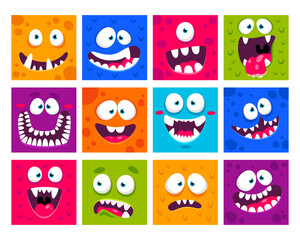 Colorful cartoon square monster scary faces masks with creepy mouth and eyes vector illustration