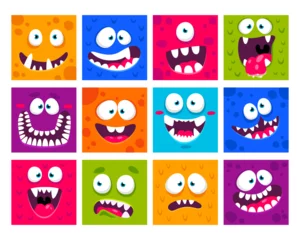 Keuken foto achterwand Monster Colorful cartoon square monster scary faces masks with creepy mouth and eyes vector illustration
