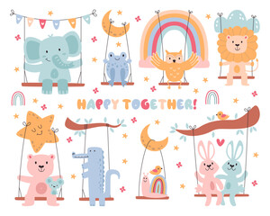 Happy cute childish animals cartoon characters riding swings enjoying playful time outdoors