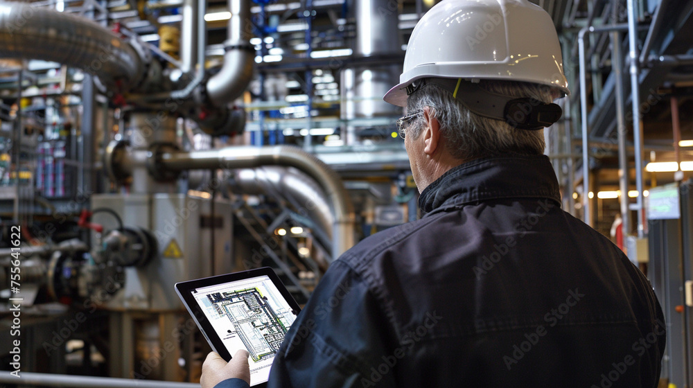 Poster amidst the symphony of activity in the high-tech production facility, the engineer in a hard hat uti