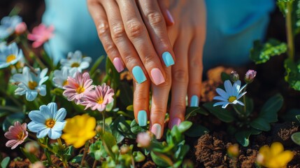 Female hands planting spring flowers, with nails painted in Easter-themed pastel shades.